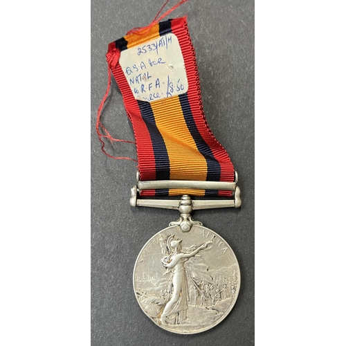 141 - UK 1899 Queen’s South Africa Medal, 1 bar Natal, awarded to 94806 GNR. A. STUBBS, 42nd BTY: RFA. in ... 