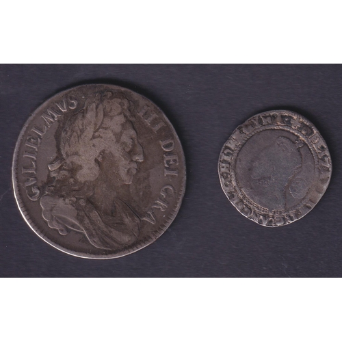 85 - A pair of UK silver coins, includes 1575 Elizabeth I silver 6d and William III silver Crown, both in... 