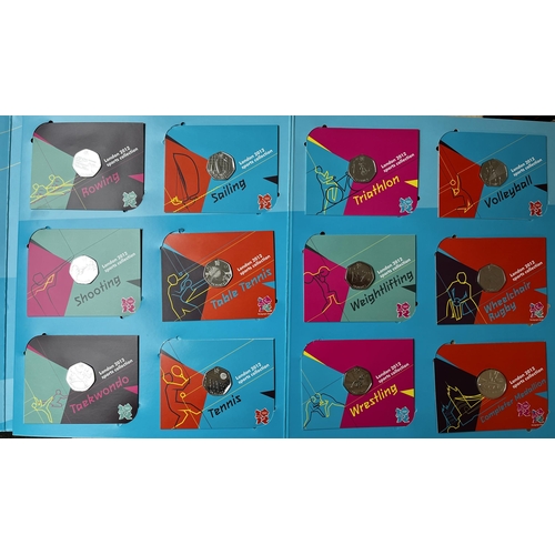 56 - UK 2012 Olympics 50p uncirculated coin set including Completer, each on original card in folder.