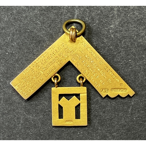 95 - Masonic Past Master medal, depicting angled set square, in 9k gold (weight 18g)