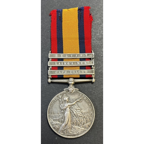 125 - UK 1899 Queen’s South Africa Medal, 3 bars Belfast, Laing’s Nek, Cape Colony awarded to 3554 PTE. L.... 