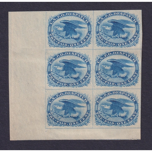 1184 - 1875 reprint of 1851 1c Eagle ‘Carrier’ in marginal imperforate block of six, fine mint