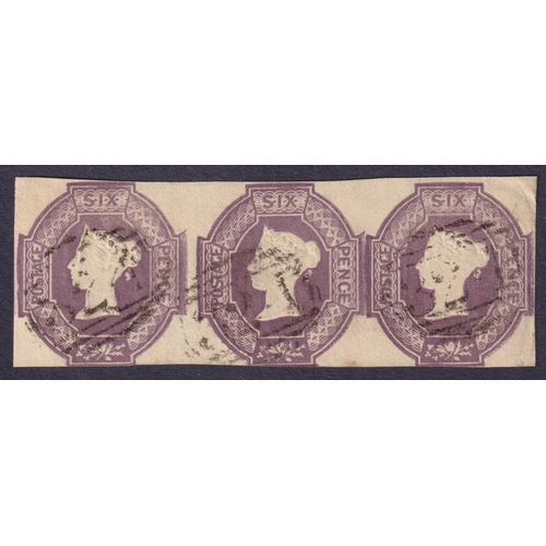 827 - 1847 embossed 6d strip of 3, sound and scarce