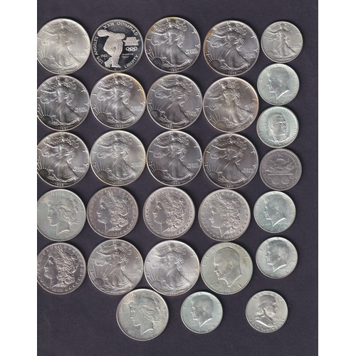 5 - A collection of USA silver 19th & 20th Century coins, including x21 silver $1 coins from 1878 to 199... 