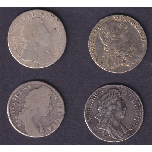 68 - A group of x4 silver UK Shillings, for 1696/ 1697/ 1723/ 1787, coins in poor to good condition