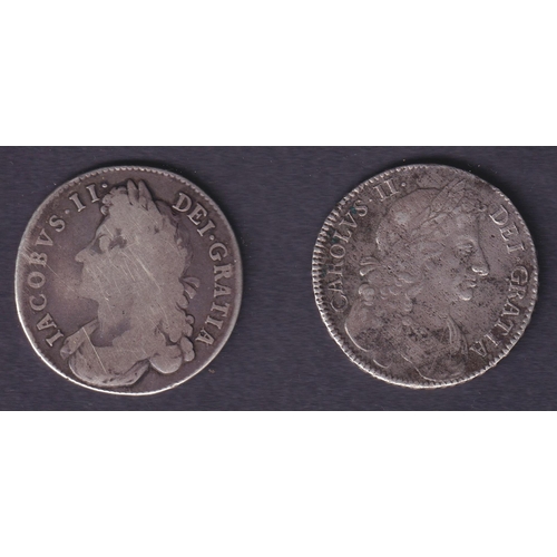 81 - A pair of UK silver Half Crowns, includes 1676 Charles II & 1687 James II coins, in poor to good con... 