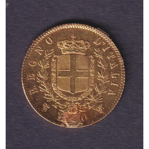 142 - Italy 1862 gold 20L, with remnants of jewellery mount on edge and marks on front.