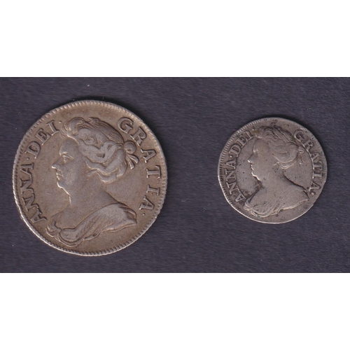 151 - UK 1708 silver 1/- (plumes) Spink No.3611 and 1708 Maundy 3d Spink No. 3596B, coins in good conditio... 