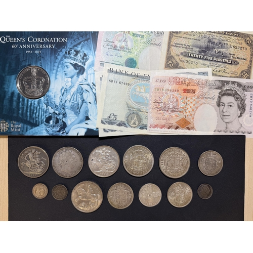 92 - A small accumulation of UK coins and banknotes, mainly 20th Century circulated coins, including x6 s... 