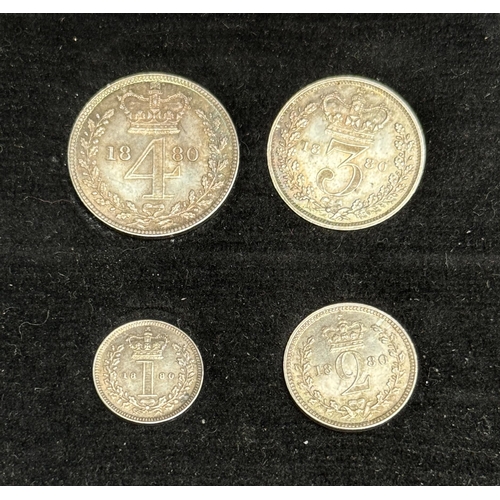 221 - UK QV 1880 complete x4 coin silver Maundy set, comprising 1d, 2d, 3d, 4d, in good condition