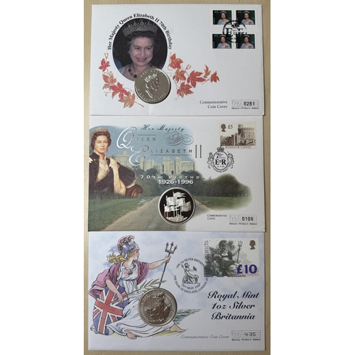61 - A group of x3 silver coin covers, includes Canada 1996 silver $5 coin UK 1996 silver proof £5 coin a... 
