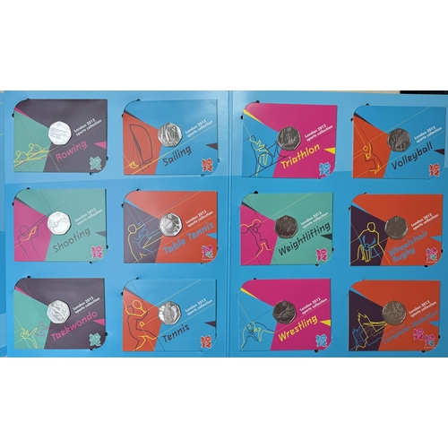 216 - UK 2012 Olympics unc 50p coin set, each on presentation card including Completer, in folder