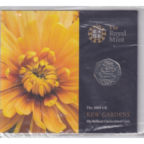 210 - UK 2009 Kew Gardens Brilliant Uncirculated 50p coin, on original presentation card in sealed pack