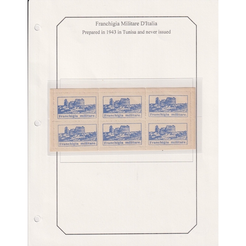 1184 - 1943 ‘Franchigia Militare D’Italia’ label in blue in mint pane of 6, prepared for use in Tunisia but... 