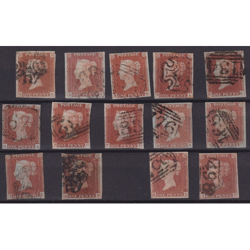 1247 - 1841 1d red imperforate group of 14 examples with plate numbers in pencil on reverse, incl ‘black’ p... 