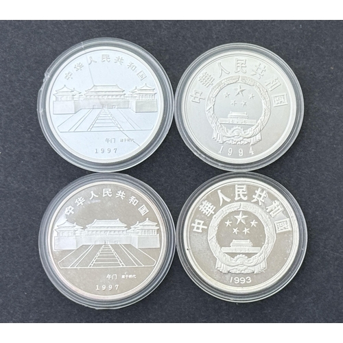 227 - A group of four Chinese Silver Proof 10 Yuan coins from 1993, 1994, 1997 (x2), total weight 120g (.9... 