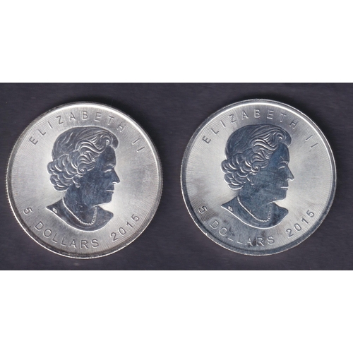 176 - A pair of Canada 2015 Brilliant Uncirculated Silver Maple Leaf $1 coins, each 1oz, struck in .9999 f... 