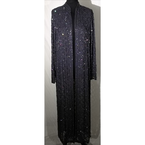 61 - Smokey grey iridescent beads hand embroidered on smokey grey background. High neck, sheer long sleev... 