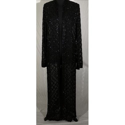 66 - Jet black beads hand embroidered on black background. High neck, sheer long sleeves, relaxed fit jac... 