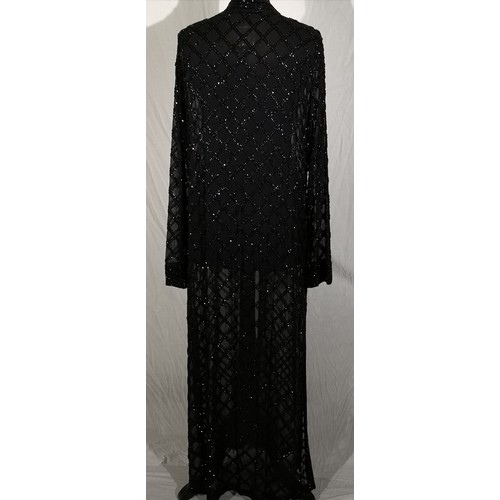 67 - Jet black beads hand embroidered on black background. High neck, sheer long sleeves, relaxed fit jac... 