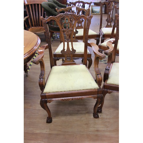 227 - A set of six pale mahogany Chippendale style dining chairs with carved decoration, upholstered drop ... 