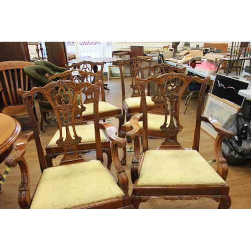 227 - A set of six pale mahogany Chippendale style dining chairs with carved decoration, upholstered drop ... 