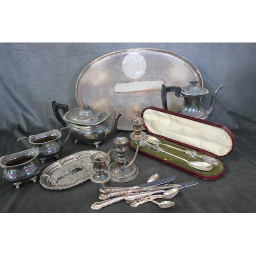 19 - A silver plated oval galleried tray, a four piece tea and coffee set, a pair of cased salad servers,... 