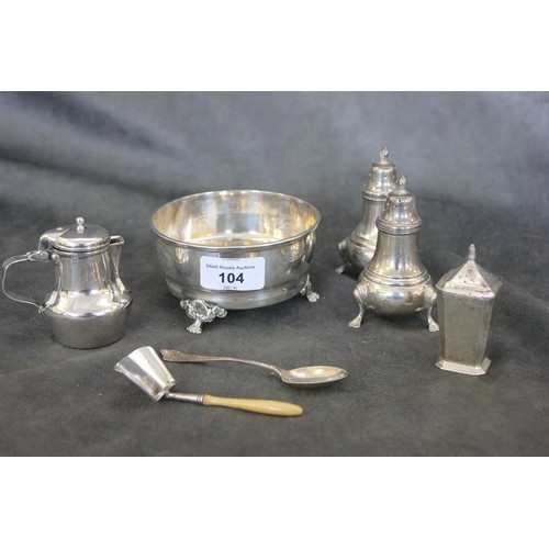 104 - Three silver pepperettes, mixed dates, a small continental jug, a Victorian bowl, London 1873, and t... 