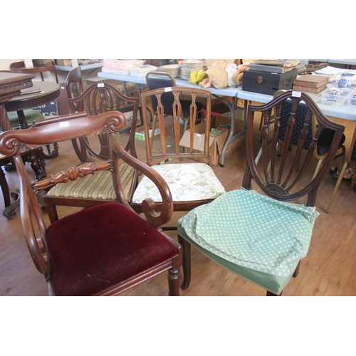 247 - A William IV style mahogany rail back elbow chair, two shield back dining chairs, and a George III s... 