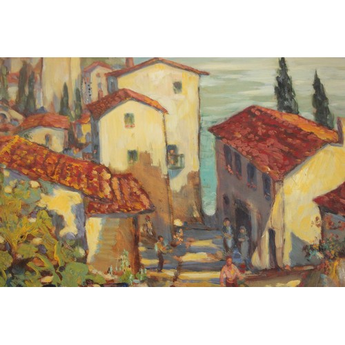 250 - Geo. Gould - Mediterranean seaside village scene, oil on board, 39cm x 49cm.