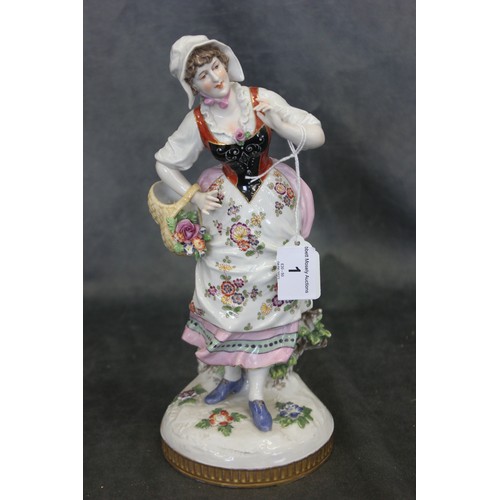 11 - A Dresden figure of maiden in period costume, 25cm high.