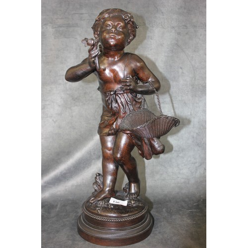 133 - After Auguste Moreau - a spelter figure of a little flower girl, on landscaped base, 47cm high.