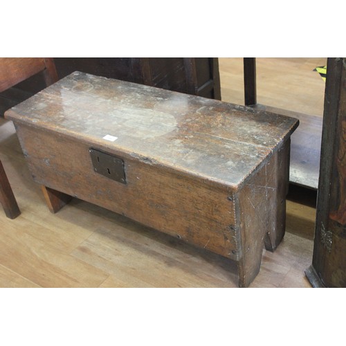 157 - A small early 18th century boarded oak chest, 84cm wide, slightly a.f.