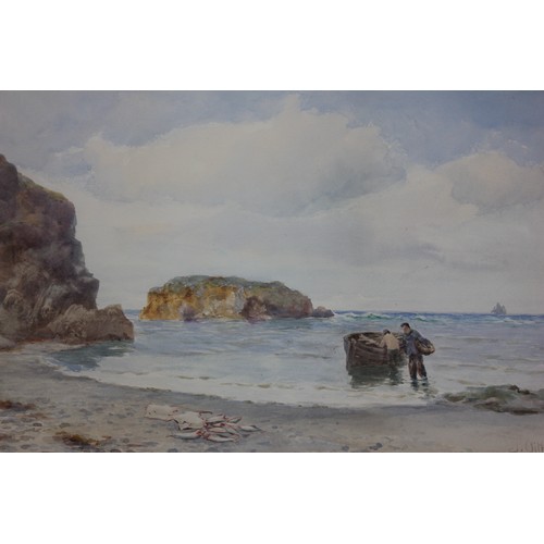 21 - J. Aitken (exh. 1884-1933) - coastal scene with shipping, and landing the catch, watercolours, signe... 