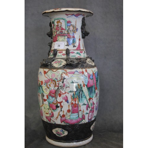 39 - A Cantonese style crackle glaze pottery vase, decorated battle scene, 45cm high, a.f.