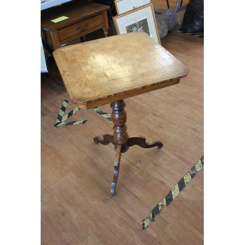 53 - A Victorian inlaid chess board top occasional table, with canted corners, on turned column and tripo... 