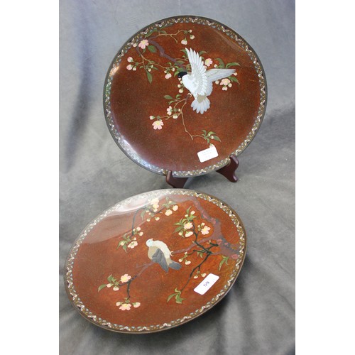 59 - A pair of 20th century Japanese cloisonne shallow dishes, each decorated birds and lotus blossom, br... 