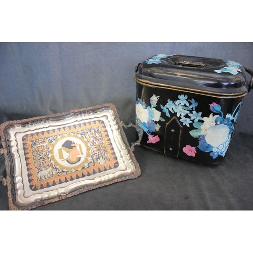 99 - A painted and mâchéd bread bin, 37cm wide, and an Egyptian silver-plated tray (2).