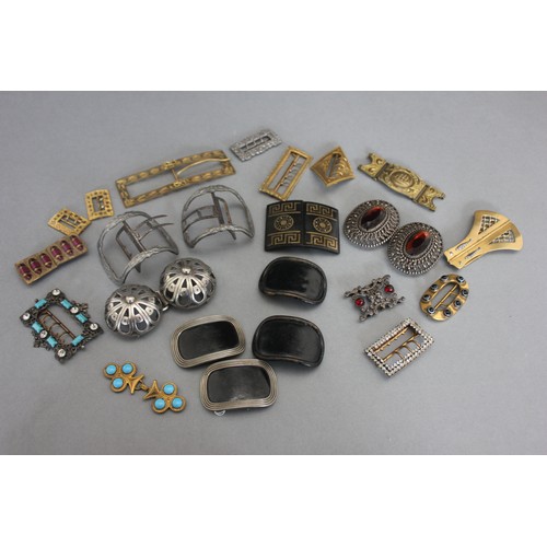 206 - A pair of gilt metal relief decorated shoe buckles, a pair of steel shoe buckles, two further pairs ... 