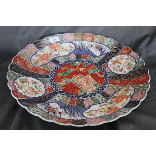 180 - An early 20th century Japanese Imari charger dish, with scalloped edge, decorated panels of flowers ... 