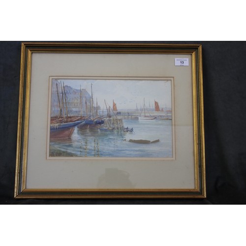 13 - English school 1887 - fishing harbour scene, watercolour, indistinctly signed, 21cm x 33cm.