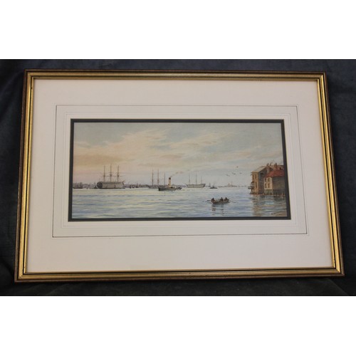 49 - R. Gurnell - Warships and other shipping in a port, watercolour, 17cm x 35cm, and a black and white ... 