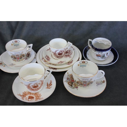 244 - A Victorian Golden Jubilee porcelain four-piece tea set, a further cup and saucer, a George V and Qu... 