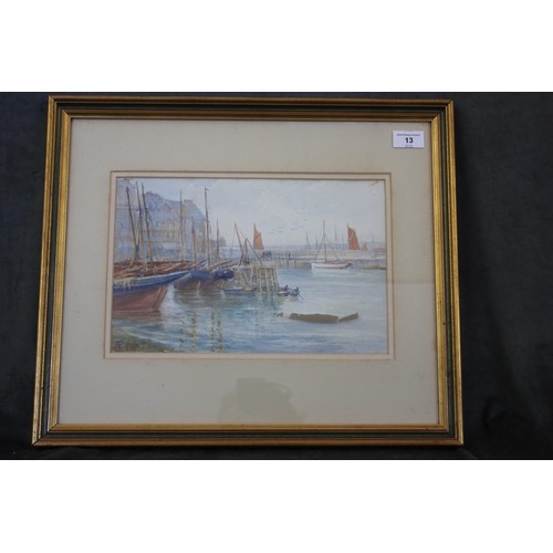 246 - English school 1887 - fishing harbour scene, watercolour, indistinctly signed, 21cm x 33cm.