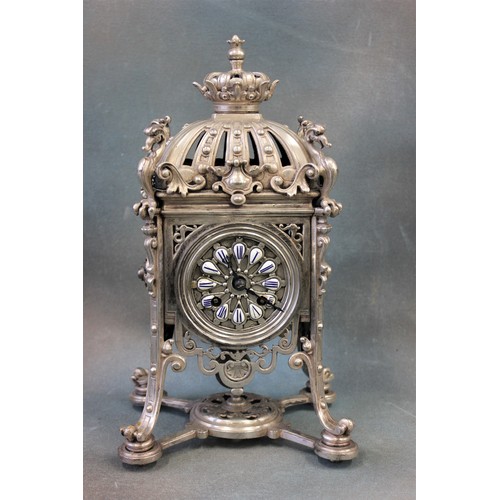 288 - A late 19th/early 20th century French silver-plated mantel clock, with striking movement, the dial w... 