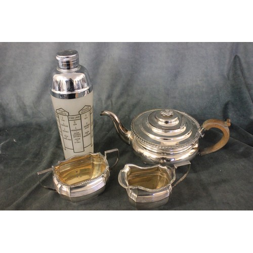 9 - A mixed three-piece silver-plated tea set (not completely matching), and a frosted glass and chrome-... 