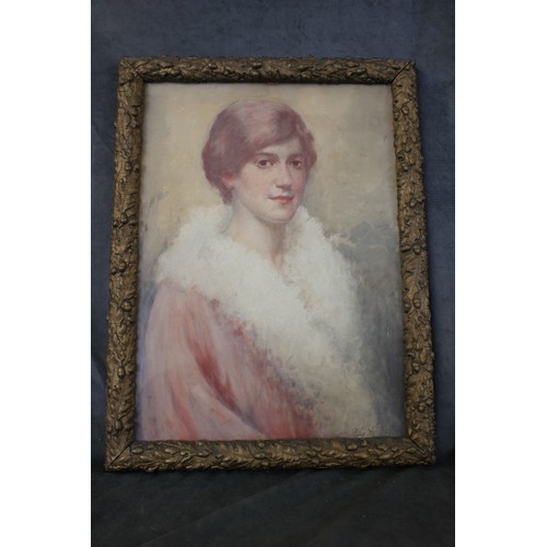 316 - R. G. Hinchliffe (1868-1942) - Portrait of society lady, wearing pink coat with ermine collar, water... 