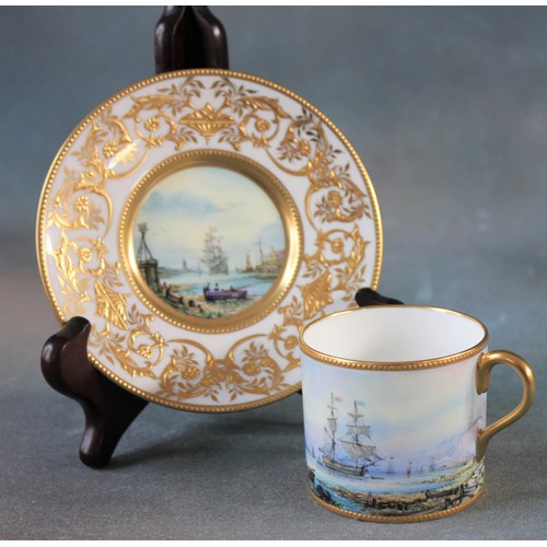 113 - A Lynton porcelain coffee can and saucer, decorated panoramic marine scenes, by S.D. Nowacki, 6.5cm ... 