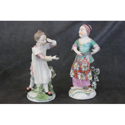 76 - A pair of Derby porcelain figures of boy crying, and a girl laughing, holding a ball taken from him,... 