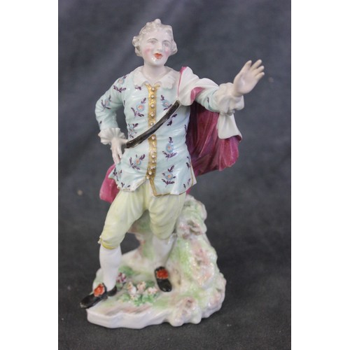 77 - A Derby porcelain figure, one of a pair, originally, of singing shepherds, on a flat irregular shape... 